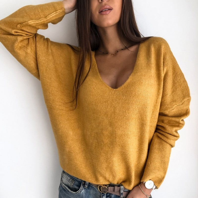 V-Neck Solid Knitted Sweater