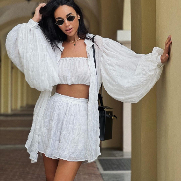 Tube Top & High Waist Shorts & Coat Set