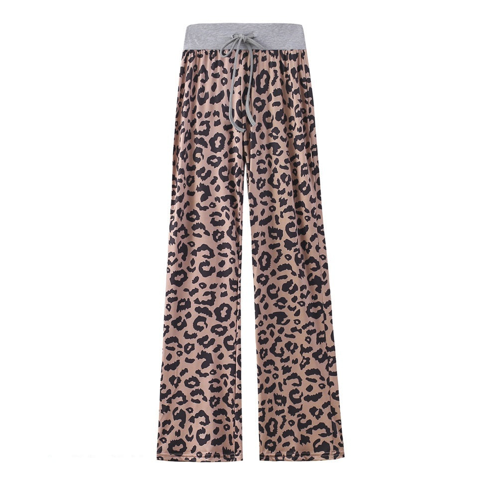 Leopard Print Stretch Drawstring Wide Leg Pants