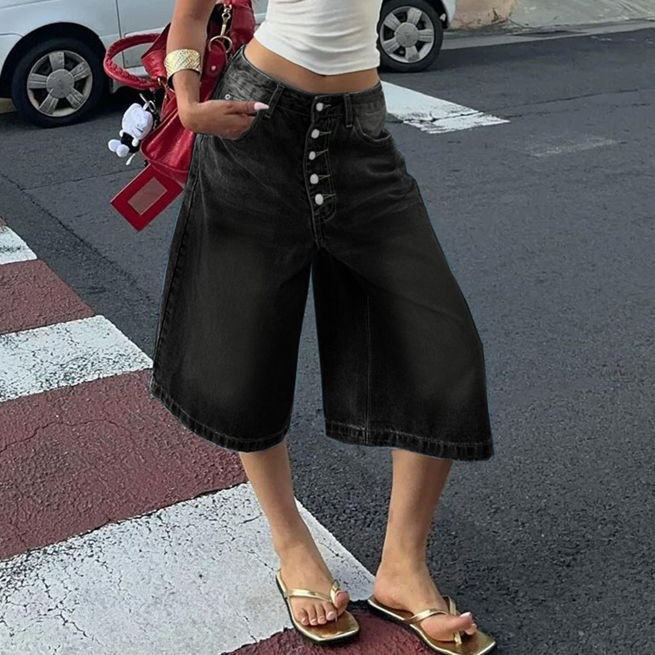 Multi-breasted Denim Jean Shorts