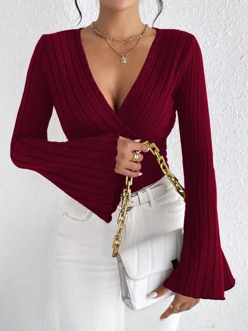Flared Stripe V-Neck Long Sleeve Top