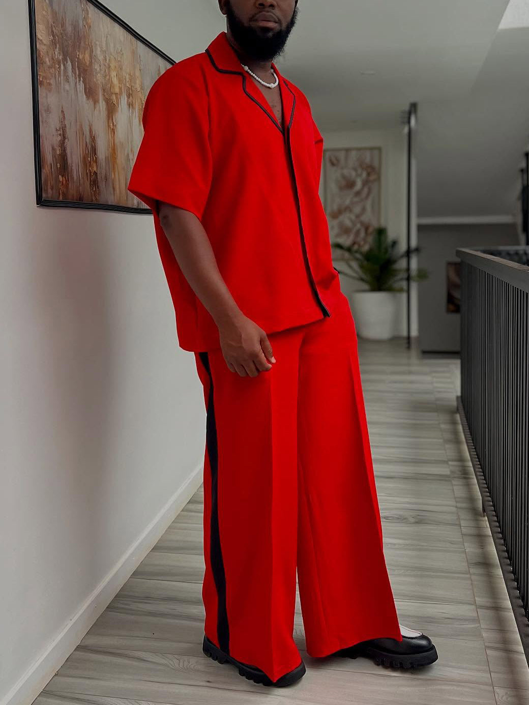 Red Short-Sleeve Shirt & Wide-Leg Pants Set With Black Trim