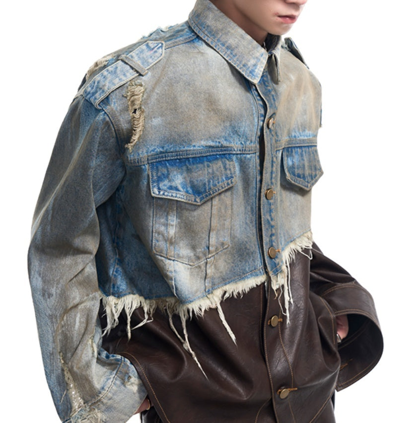 Leather Patchwork Destroyed Denim Dirty Jacket