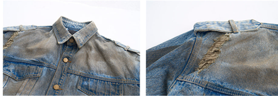 Leather Patchwork Destroyed Denim Dirty Jacket