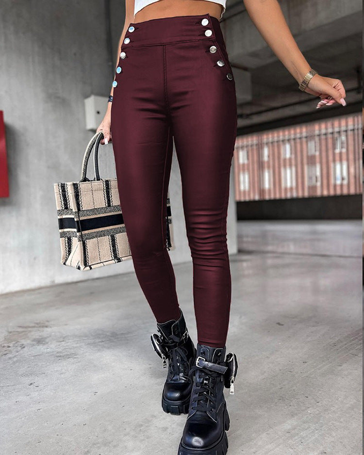 High Waist Leather Slim-Fit Hip Raise Long Pants