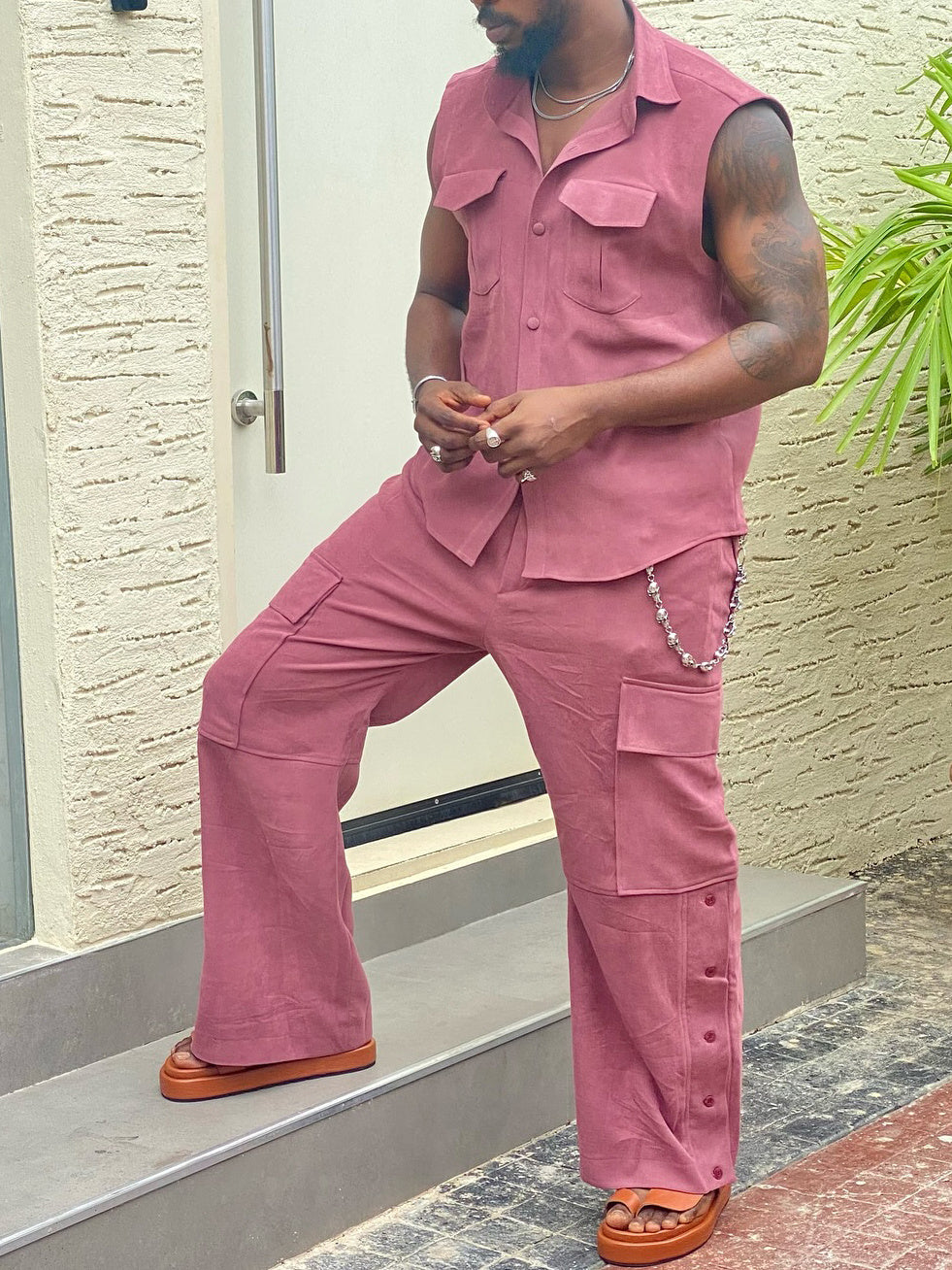 Sleeveless Button-Up Shirt And Cargo Pants Set