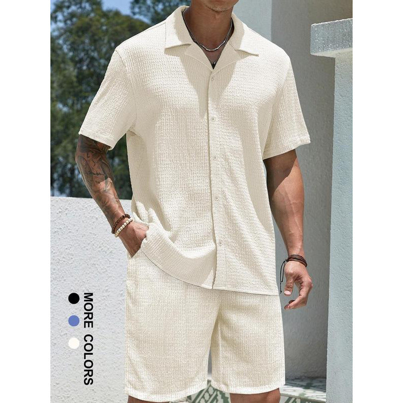 Men's Solid Collar Shirt & Shorts Two-Piece Set
