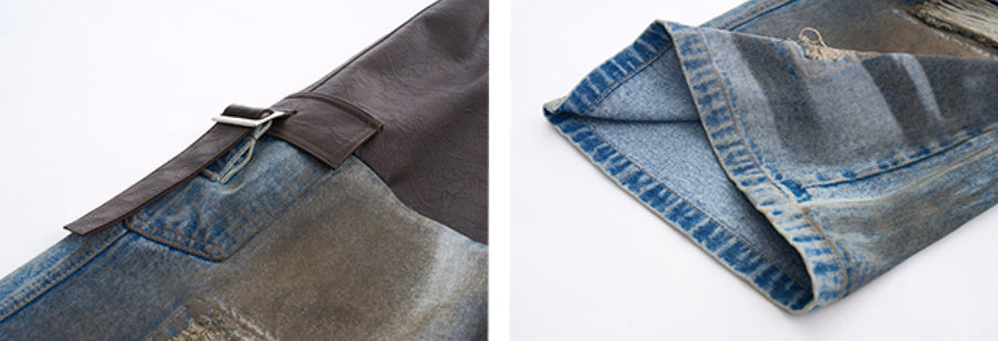 Leather Patchwork Destroyed Denim Dirty Jacket