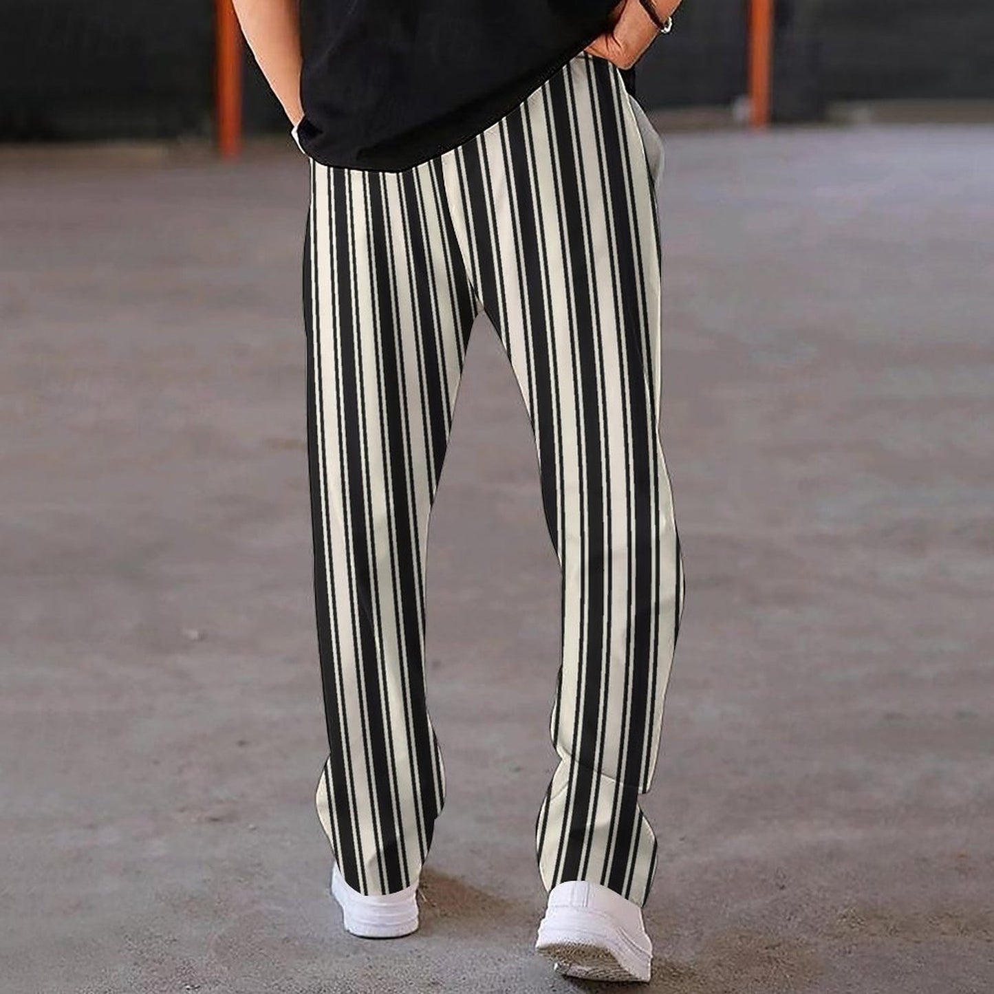 Stripe Printing Wide Drawstring Straight-Leg Trousers