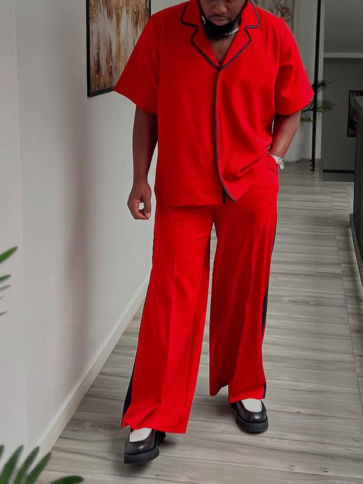 Red Short-Sleeve Shirt & Wide-Leg Pants Set With Black Trim