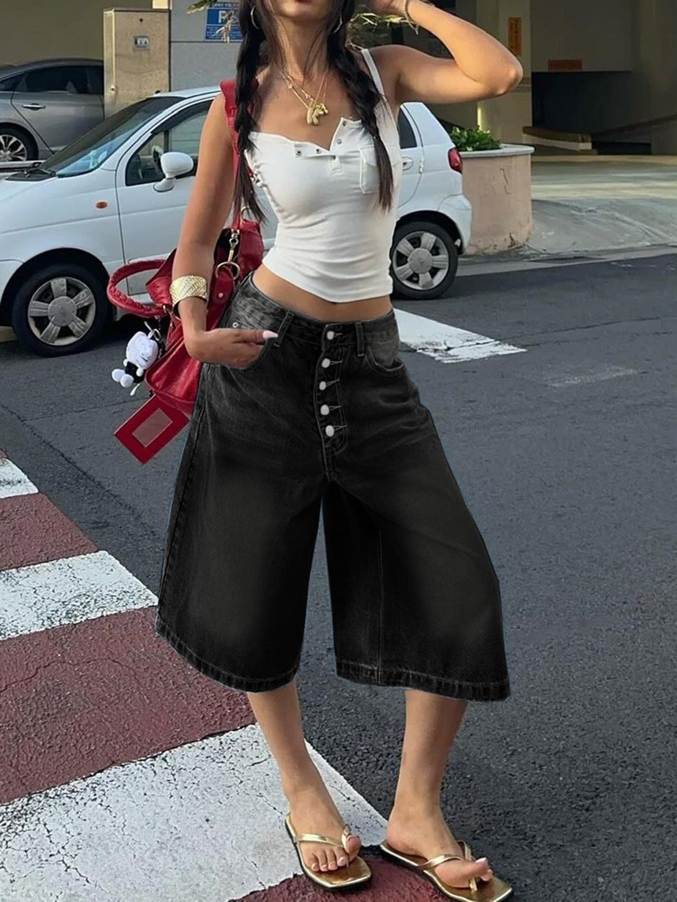 Multi-breasted Denim Jean Shorts