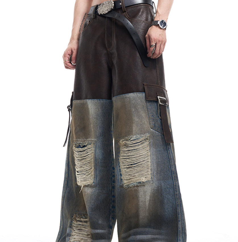 Leather Patchwork Destroyed Denim Dirty Jacket