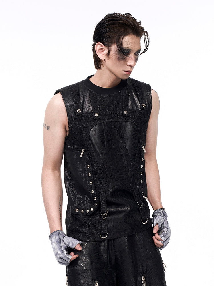 Sequinned Multi-pocket Vest & Pants Set