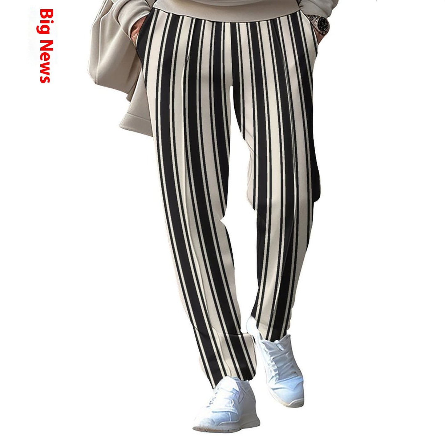 Stripe Printing Wide Drawstring Straight-Leg Trousers