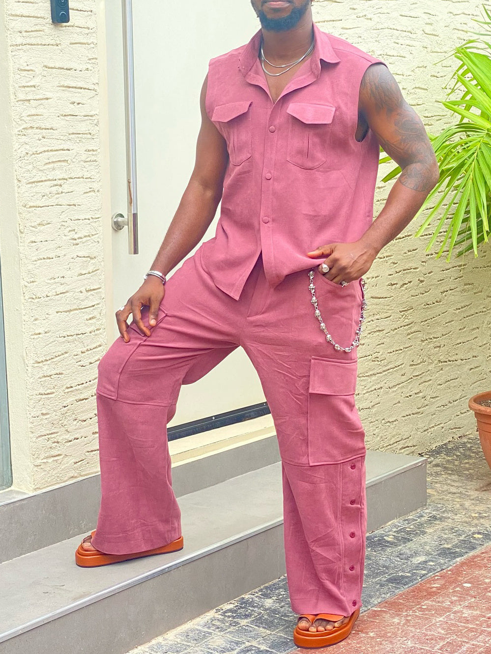 Sleeveless Button-Up Shirt And Cargo Pants Set