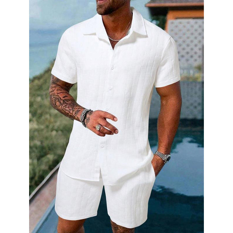 Men's Solid Collar Shirt & Shorts Two-Piece Set