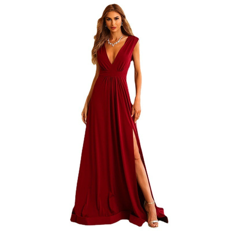 Red Deep V-neck Banquet Evening Dress
