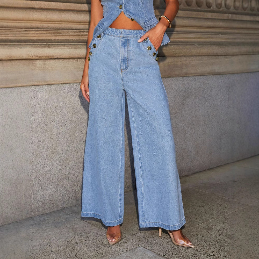 Denim Vest & Leg Straight Trousers Set