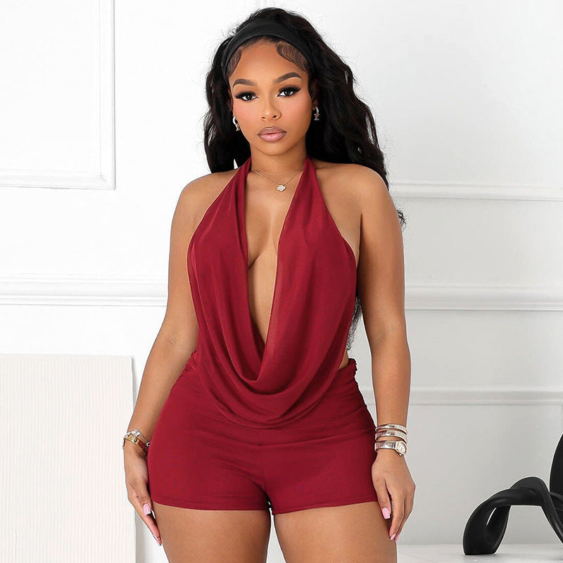 Halter Swing Collar Backless Top Shorts Suit