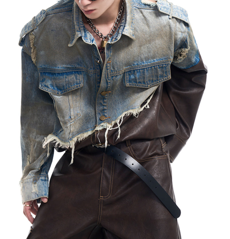 Leather Patchwork Destroyed Denim Dirty Jacket