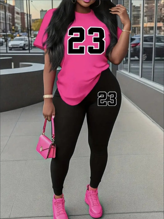 23 Printed Round Neck T-Shirt & Leggings Set