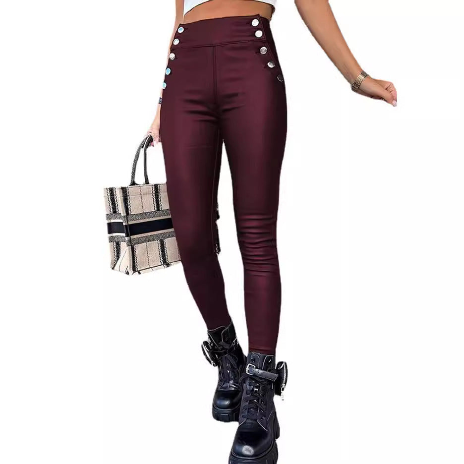 High Waist Leather Slim-Fit Hip Raise Long Pants