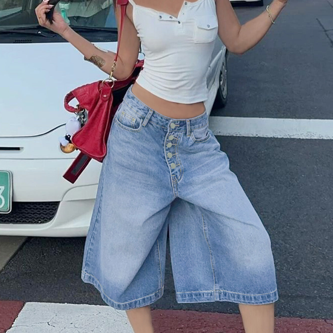 Multi-breasted Denim Jean Shorts