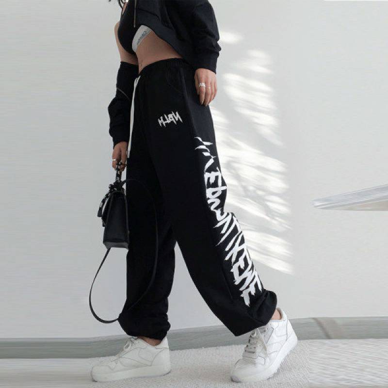 Black Drawstring Printing Sweatpants