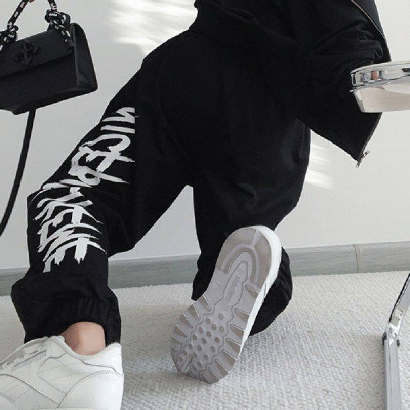 Black Drawstring Printing Sweatpants