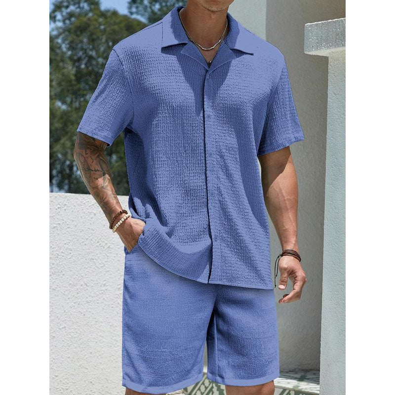 Men's Solid Collar Shirt & Shorts Two-Piece Set