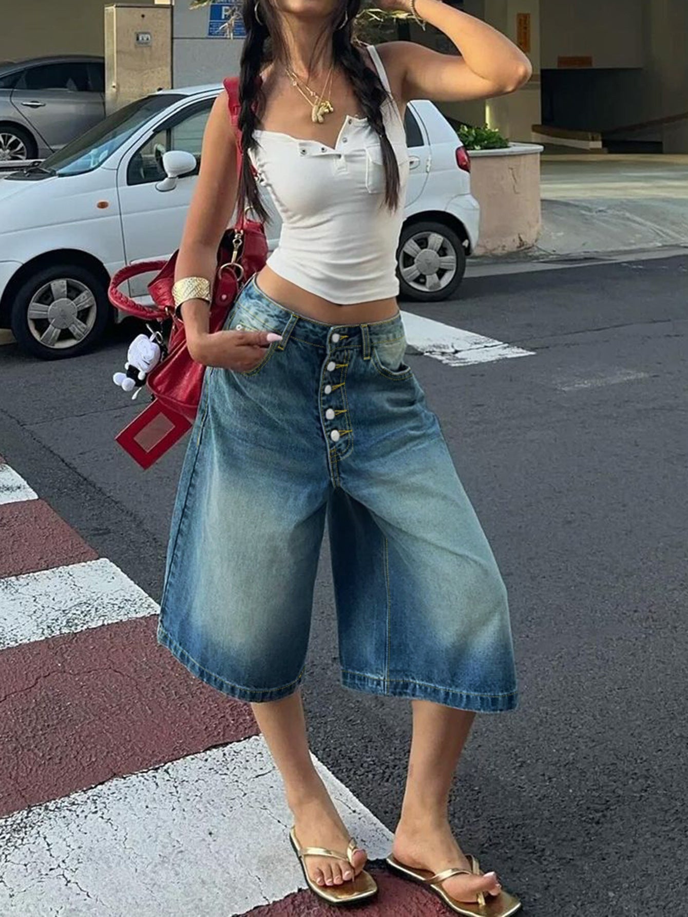 Multi-breasted Denim Jean Shorts