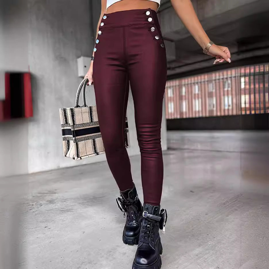 High Waist Leather Slim-Fit Hip Raise Long Pants