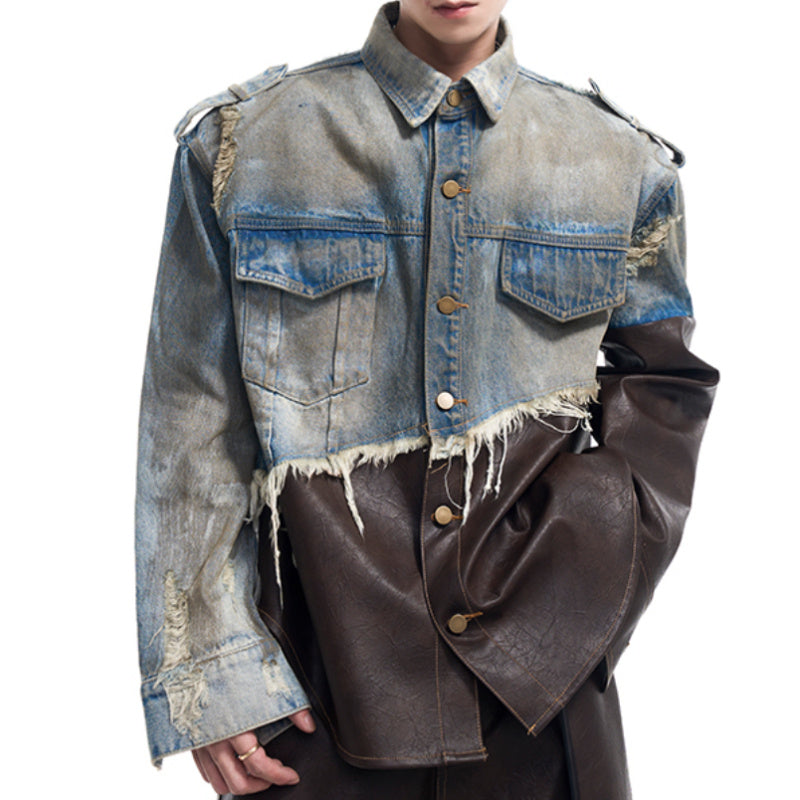 Leather Patchwork Destroyed Denim Dirty Jacket