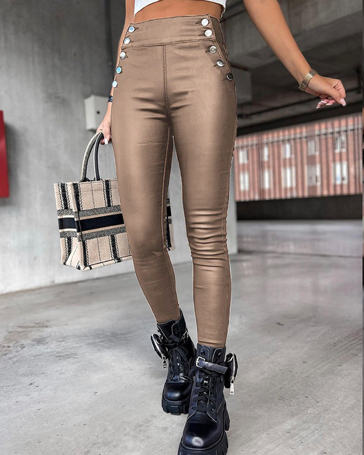 High Waist Leather Slim-Fit Hip Raise Long Pants