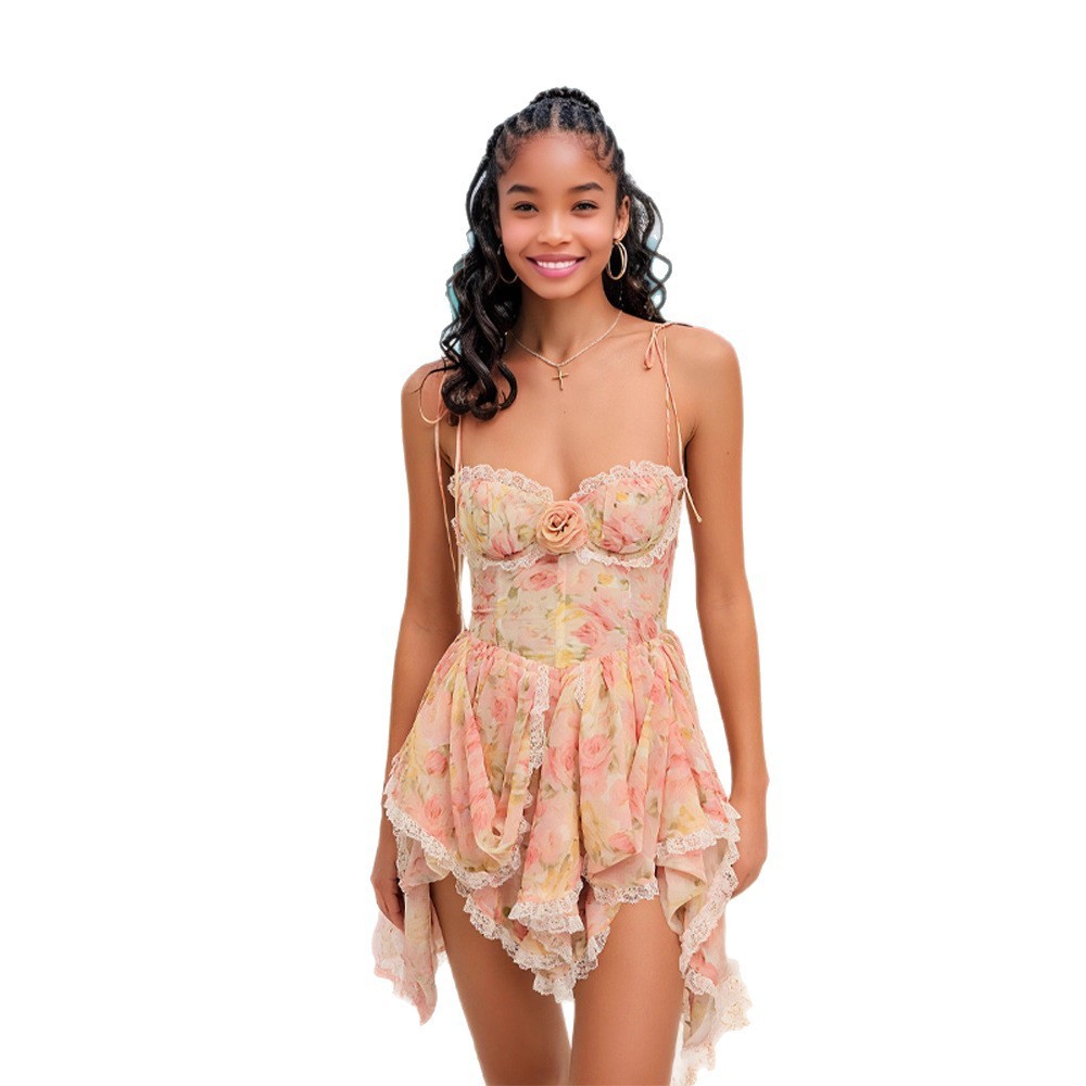 Fashionable Lace Irregular Swing Suspender Skirt