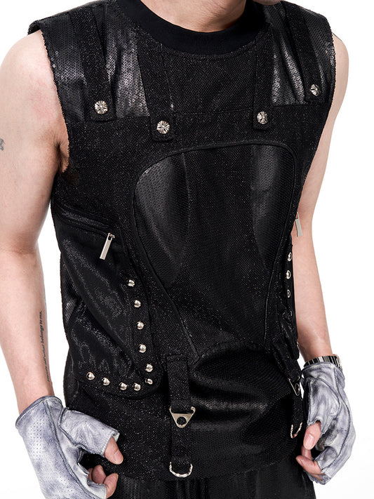 Sequinned Multi-pocket Vest & Pants Set