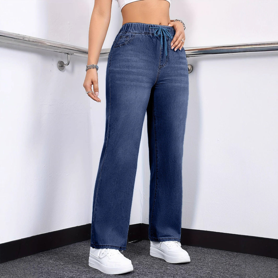 Oversized Elastic Waistband Plain Washed Blue Pants