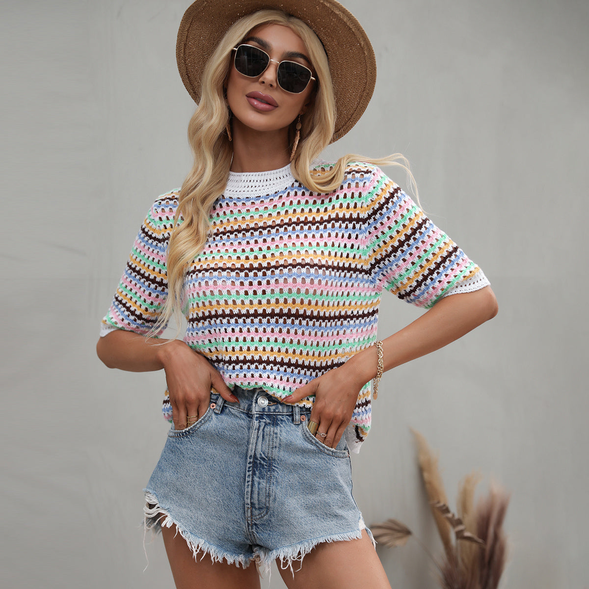 Hollow Knitted Round Neck Striped Sweater