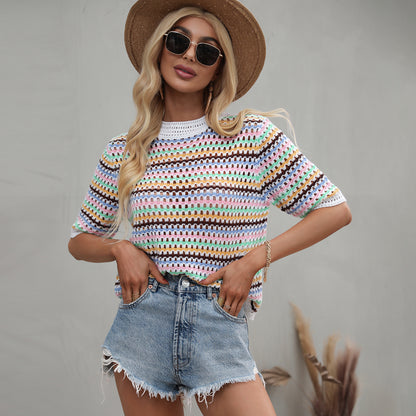 Hollow Knitted Round Neck Striped Sweater
