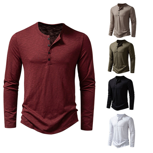 Men's Long-Sleeved Pullover Button T-shirt