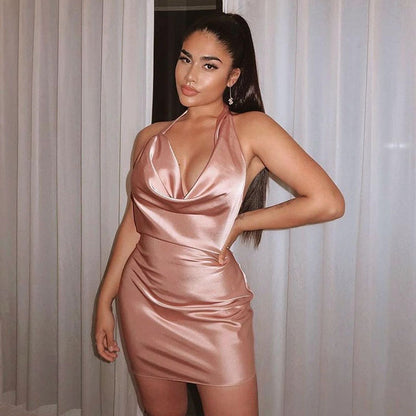 Satin V-Neck Backless Mini Sleeveless Dress