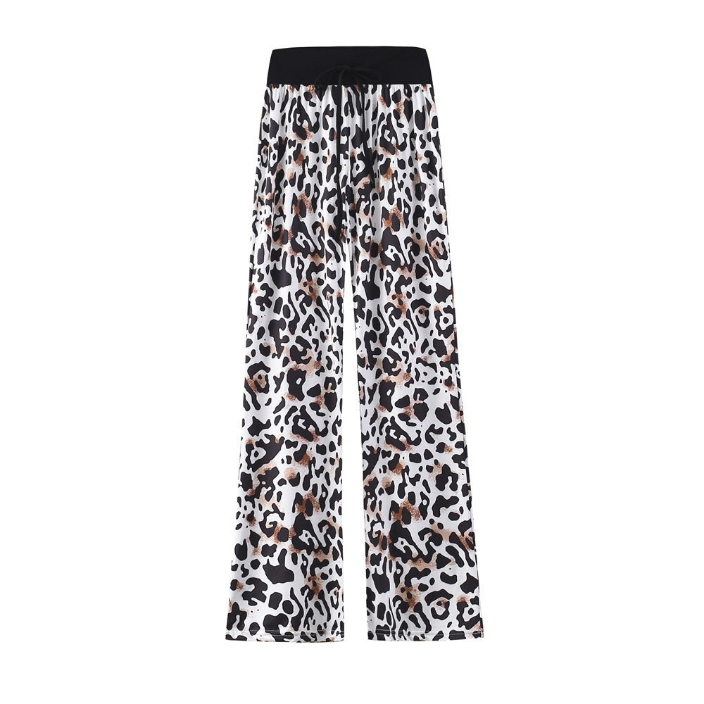 Leopard Print Stretch Drawstring Wide Leg Pants