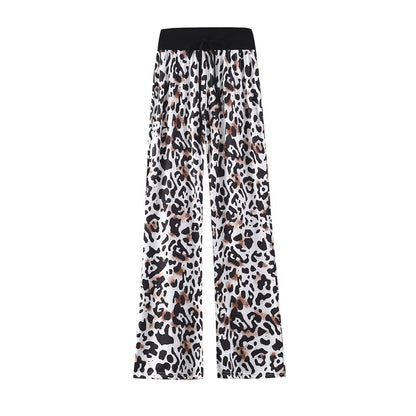 Leopard Print Stretch Drawstring Wide Leg Pants