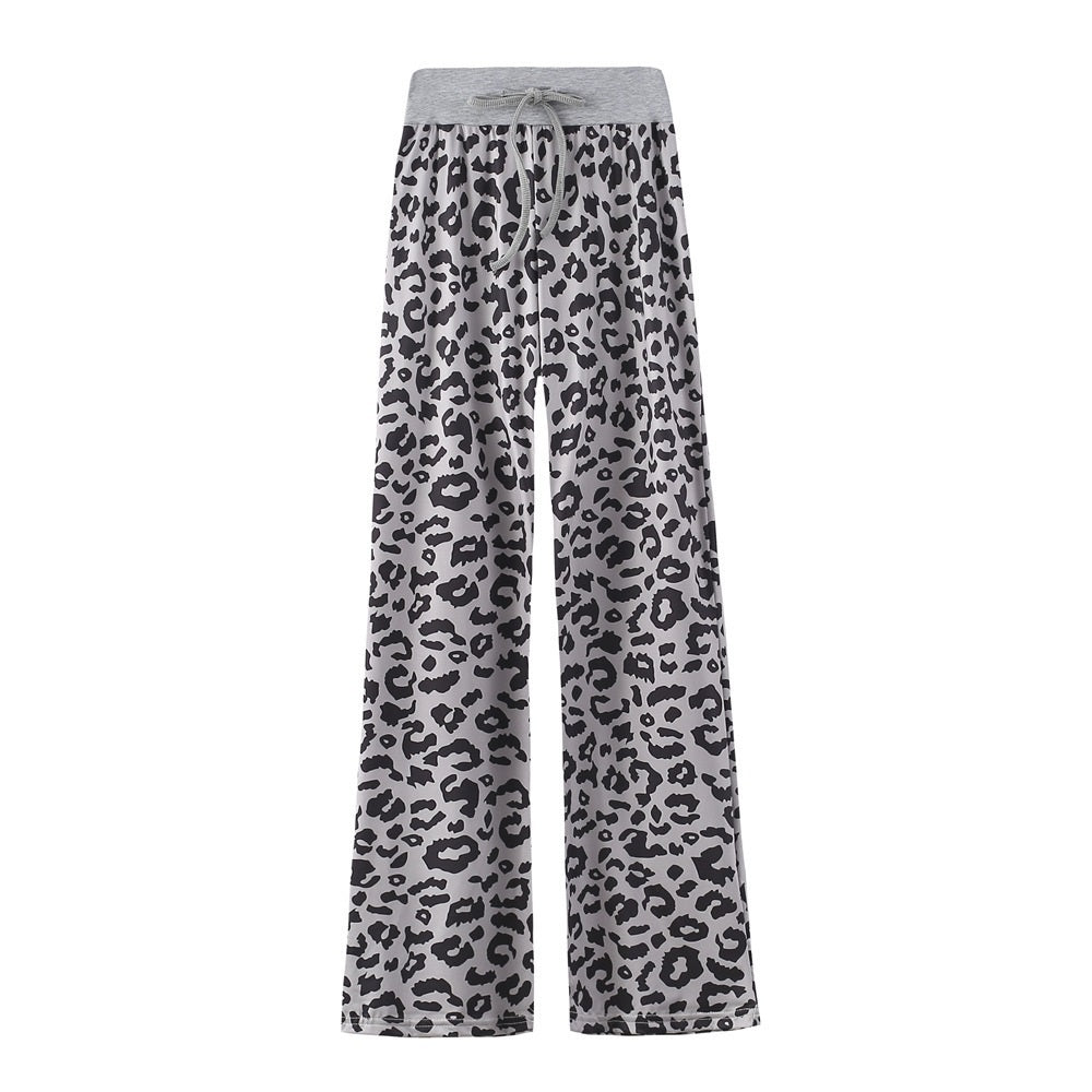 Leopard Print Stretch Drawstring Wide Leg Pants