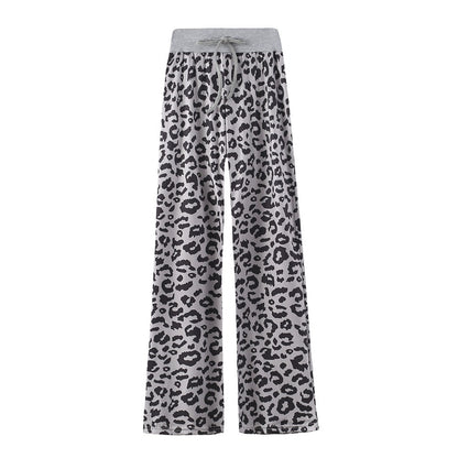 Leopard Print Stretch Drawstring Wide Leg Pants