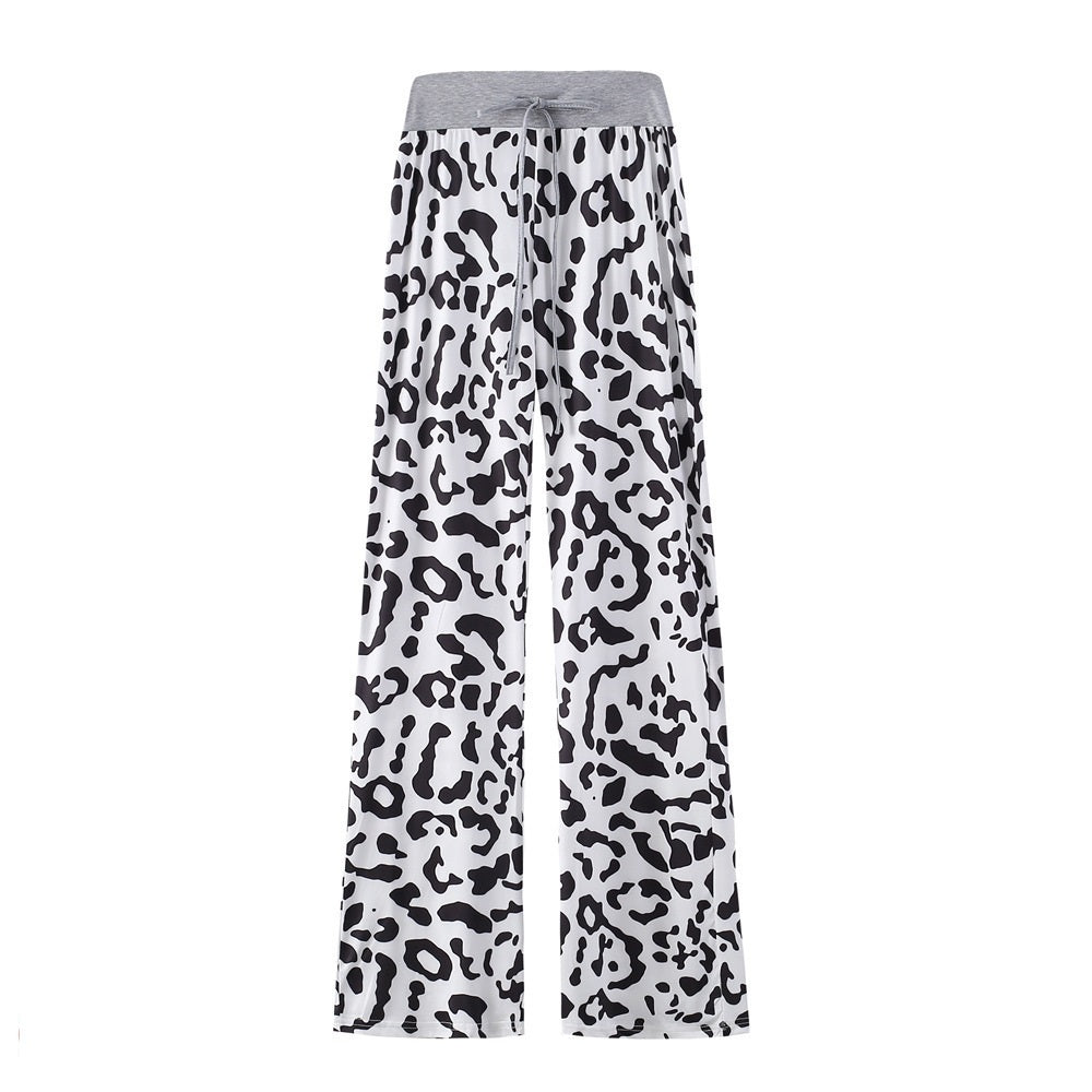Leopard Print Stretch Drawstring Wide Leg Pants