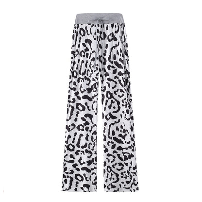 Leopard Print Stretch Drawstring Wide Leg Pants
