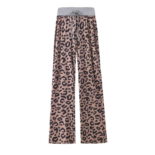 Leopard Print Stretch Drawstring Wide Leg Pants