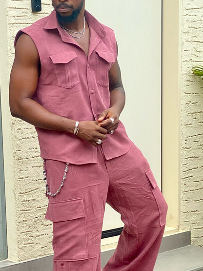 Sleeveless Button-Up Shirt And Cargo Pants Set