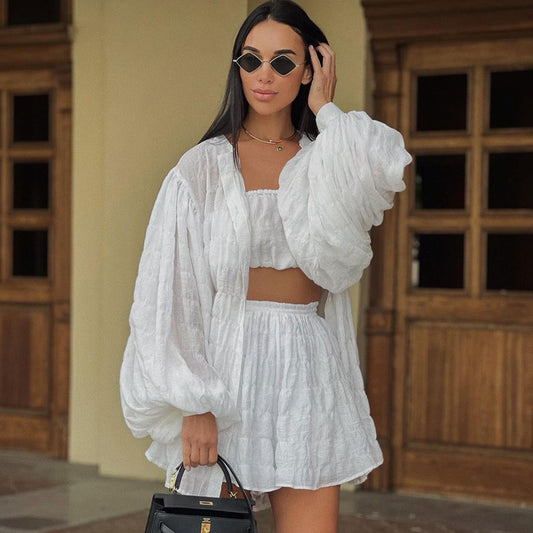 Tube Top & High Waist Shorts & Coat Set